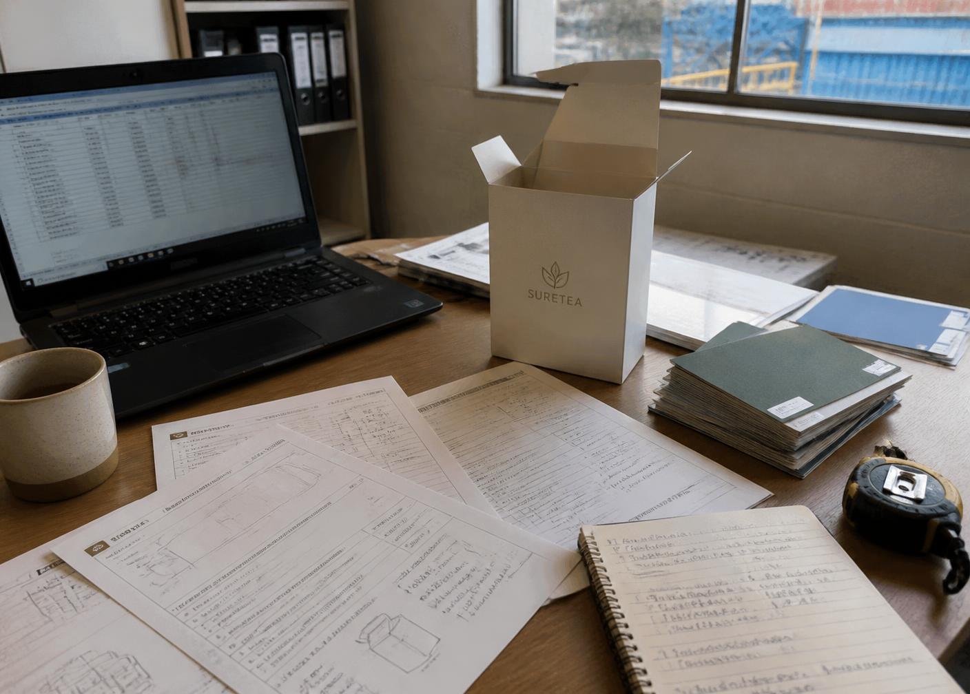 Packaging specification sheets, material samples and shipping reference imagery on a desk