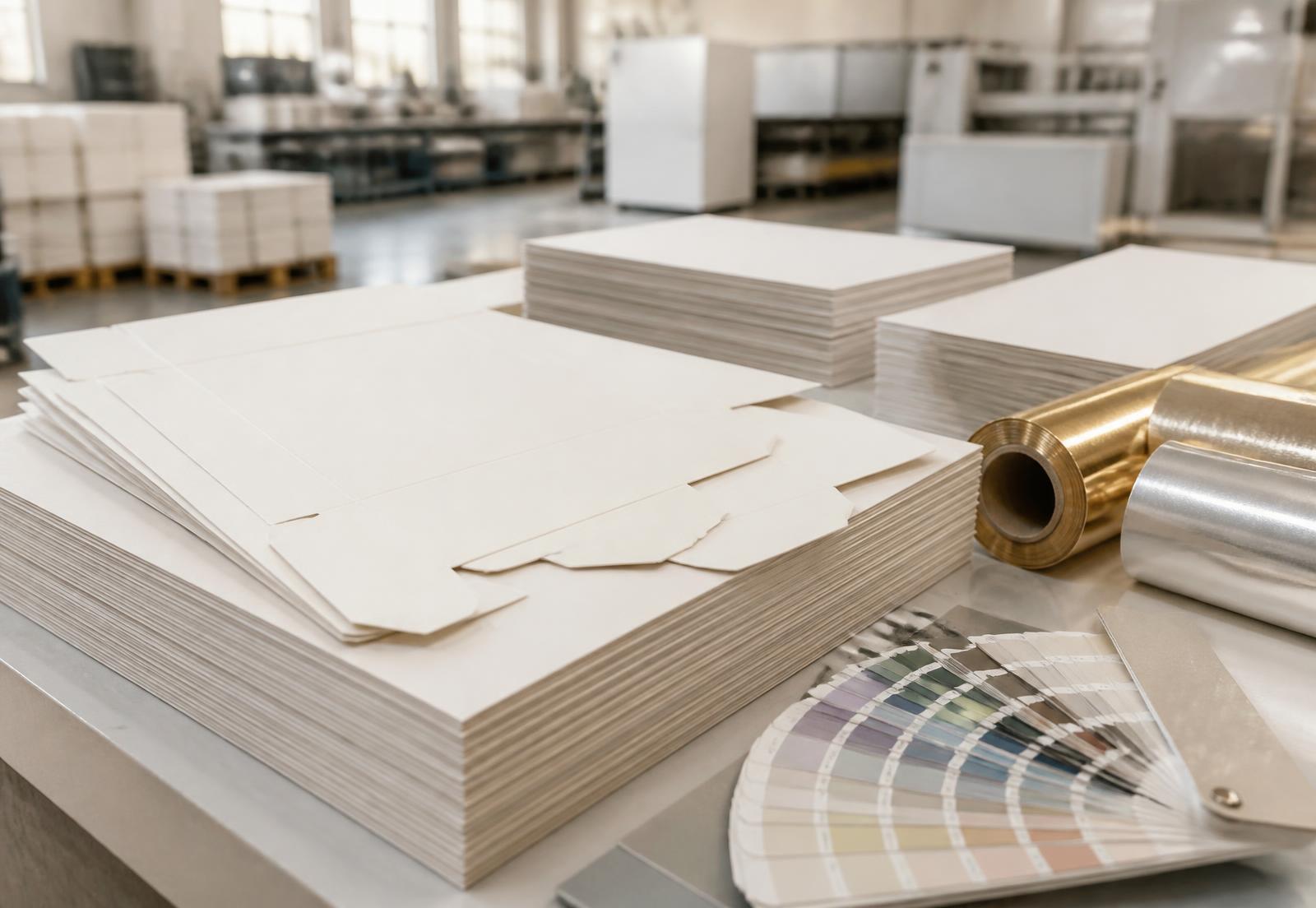 Printed paperboard sheets, die-cut blanks and foil rolls in a packaging production area