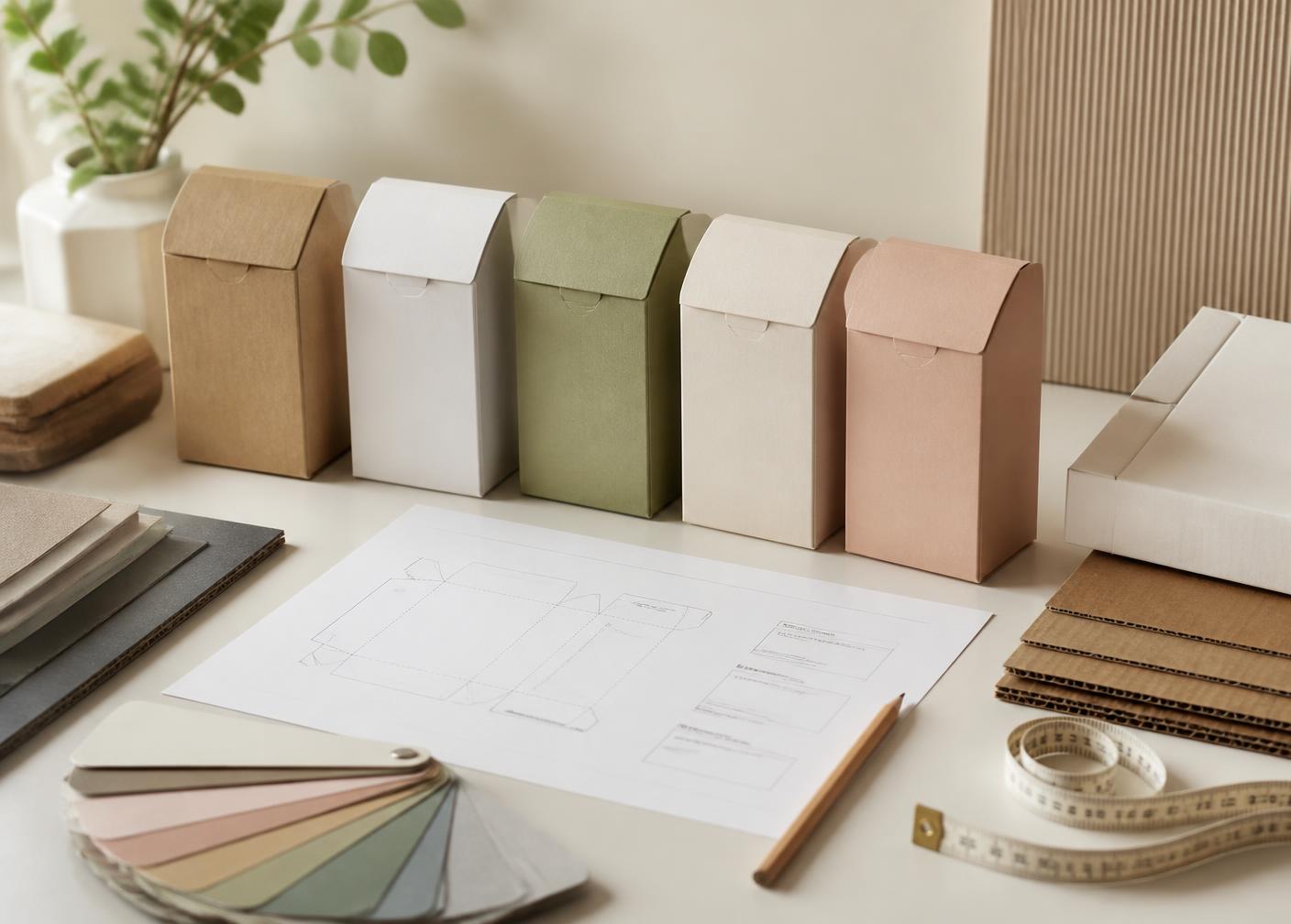 Packaging samples, material swatches and a dieline laid out for a sourcing review