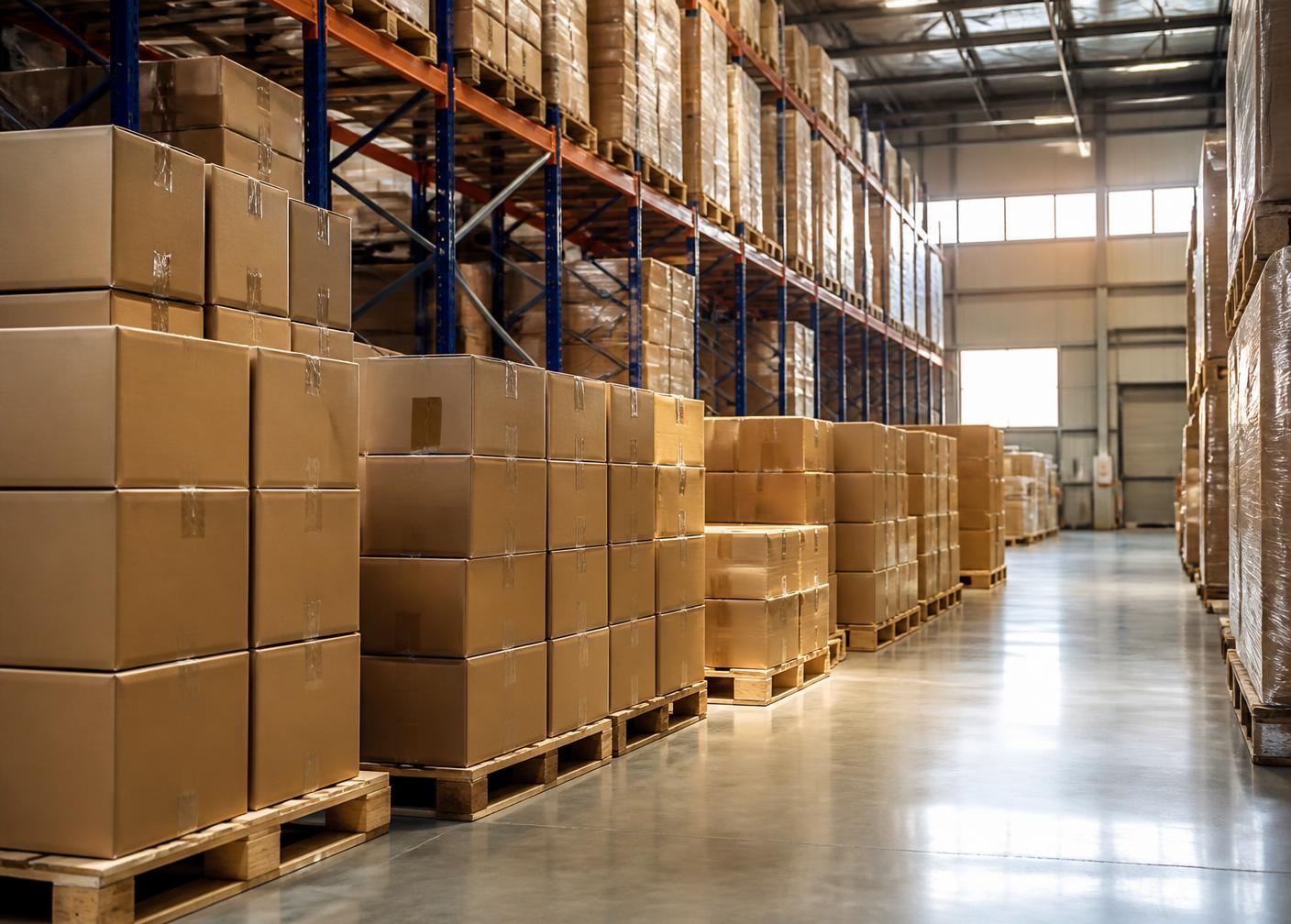 Organized export warehouse aisle with palletized cartons ready for shipment